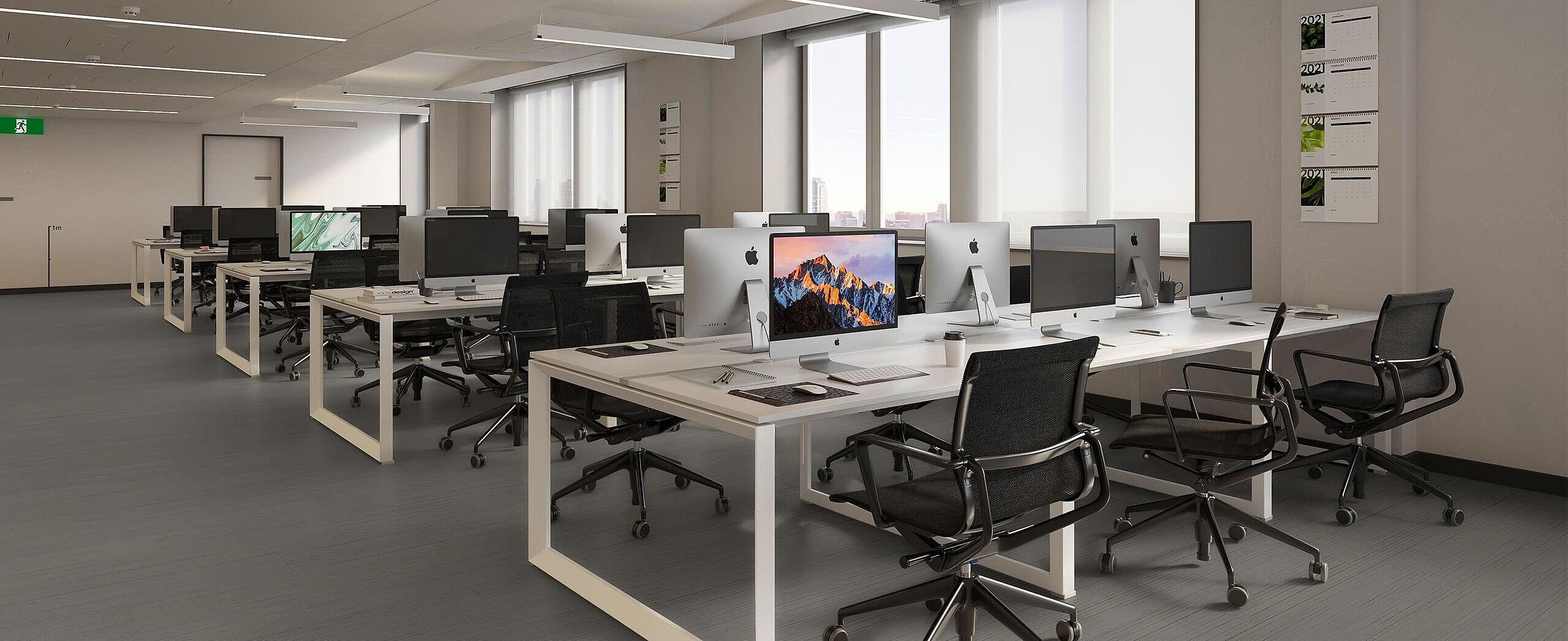 Modern open-plan office with recycled elastic flooring in dark grey linear texture.