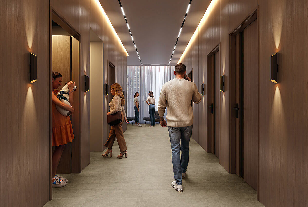 Modern corridor with people, wood panels and recycled elastic flooring in a light, matte stone look.