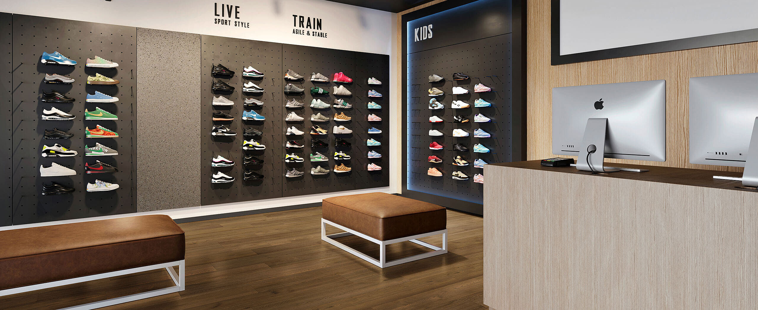 Recycled elastic flooring with a wood-look design for retail – durable, easy to maintain and comfortable underfoot. Sneaker store with shoe display wall and checkout area on recycled elastic flooring in a warm wood look with natural grain.